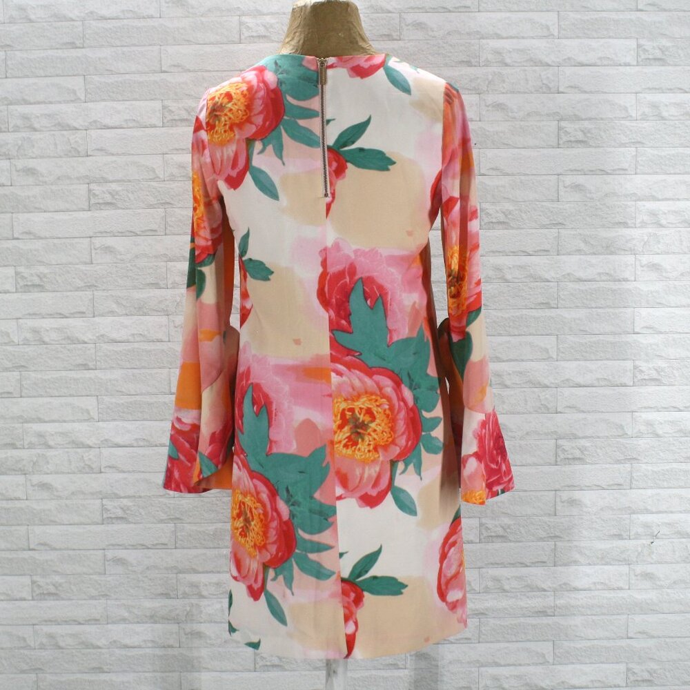 CALVIN KLEIN Ember Multi Dress Floral Bold Colorful Bell Sleeves V-Neck Orange 2 - Picture 6 of 16